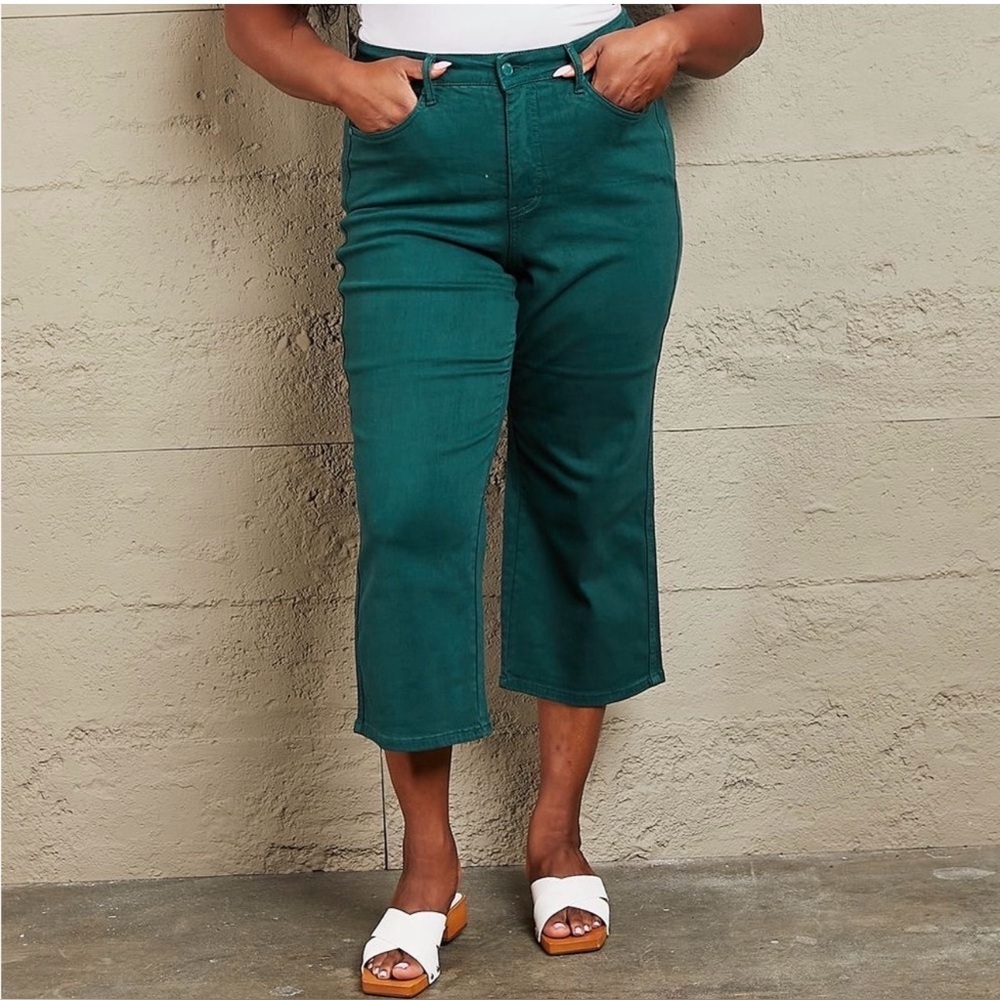 Judy Blue Hailey High Waisted Tummy Control Teal Green Cropped Wide Leg Jeans